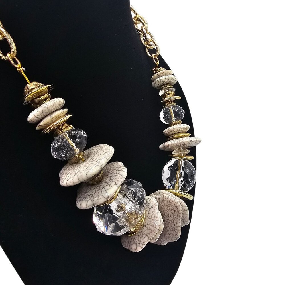 Chunky Statement Gold Tone‎ White/Gray Bead Chain Chic Fashion Jewelry Necklace - Picture 3 of 11